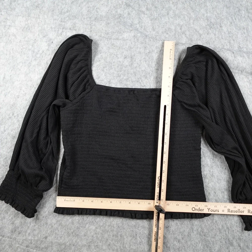 Anthropologie Top Women Large Black Smocked Ribbed Puff Sleeve Square Neck Crop